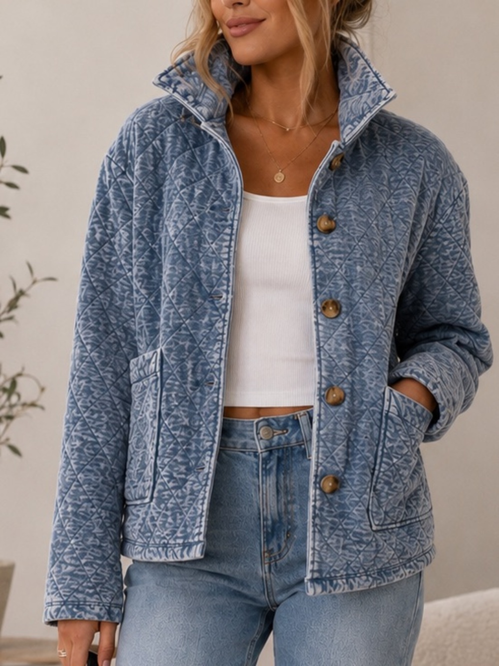 Jane + Delancey Quilted Jacket Washed Blue Button Front Pockets Size L NWOT
